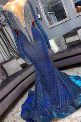 Luxurious Long Sheer Neckline Mermaid Sequins Prom Dresses with Sleeves-27Dress